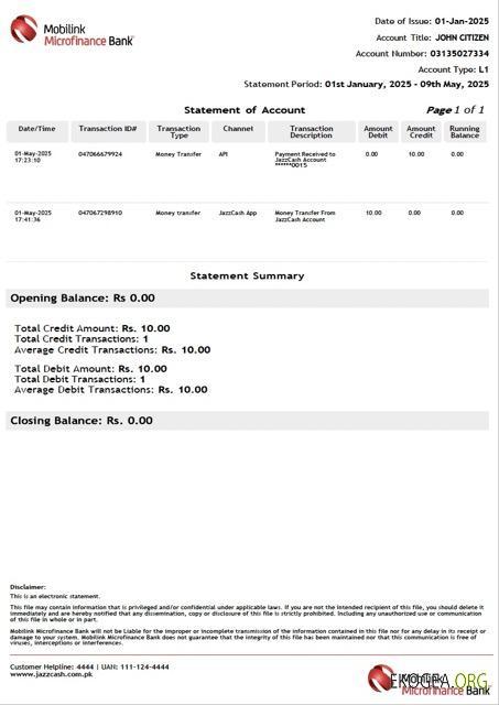 Pakistan Mobilink Microfinance Bank relevé de compte Modèle Word et PDF template